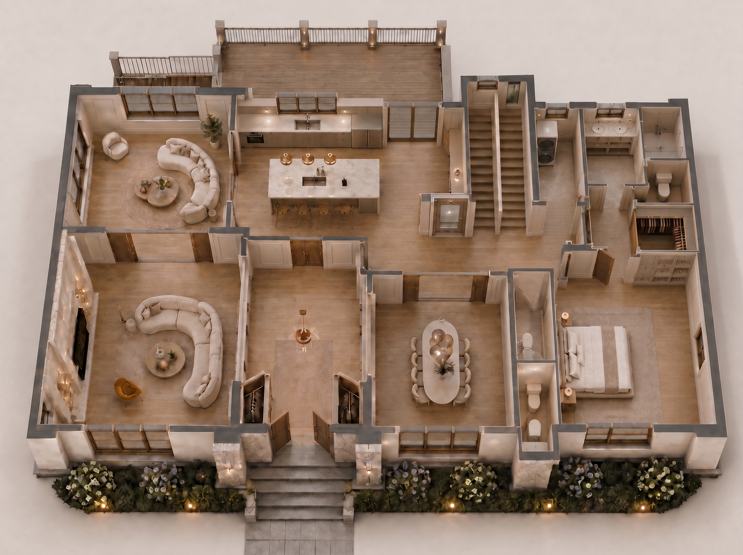 Three-dimensional dollhouse rendering of the first-floor plan