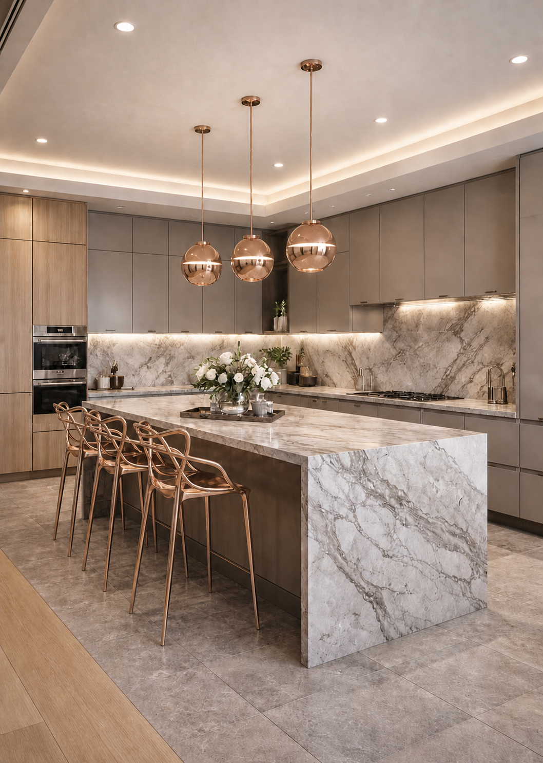 Concept rendering of the kitchen with a long island and warm wood cabinetry