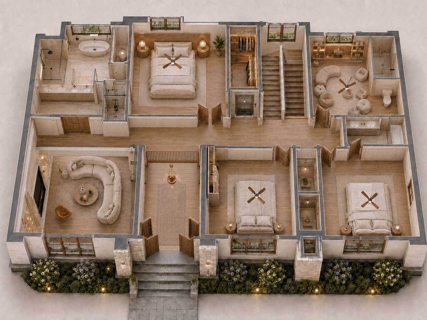 Three-dimensional dollhouse rendering of the second-floor plan
