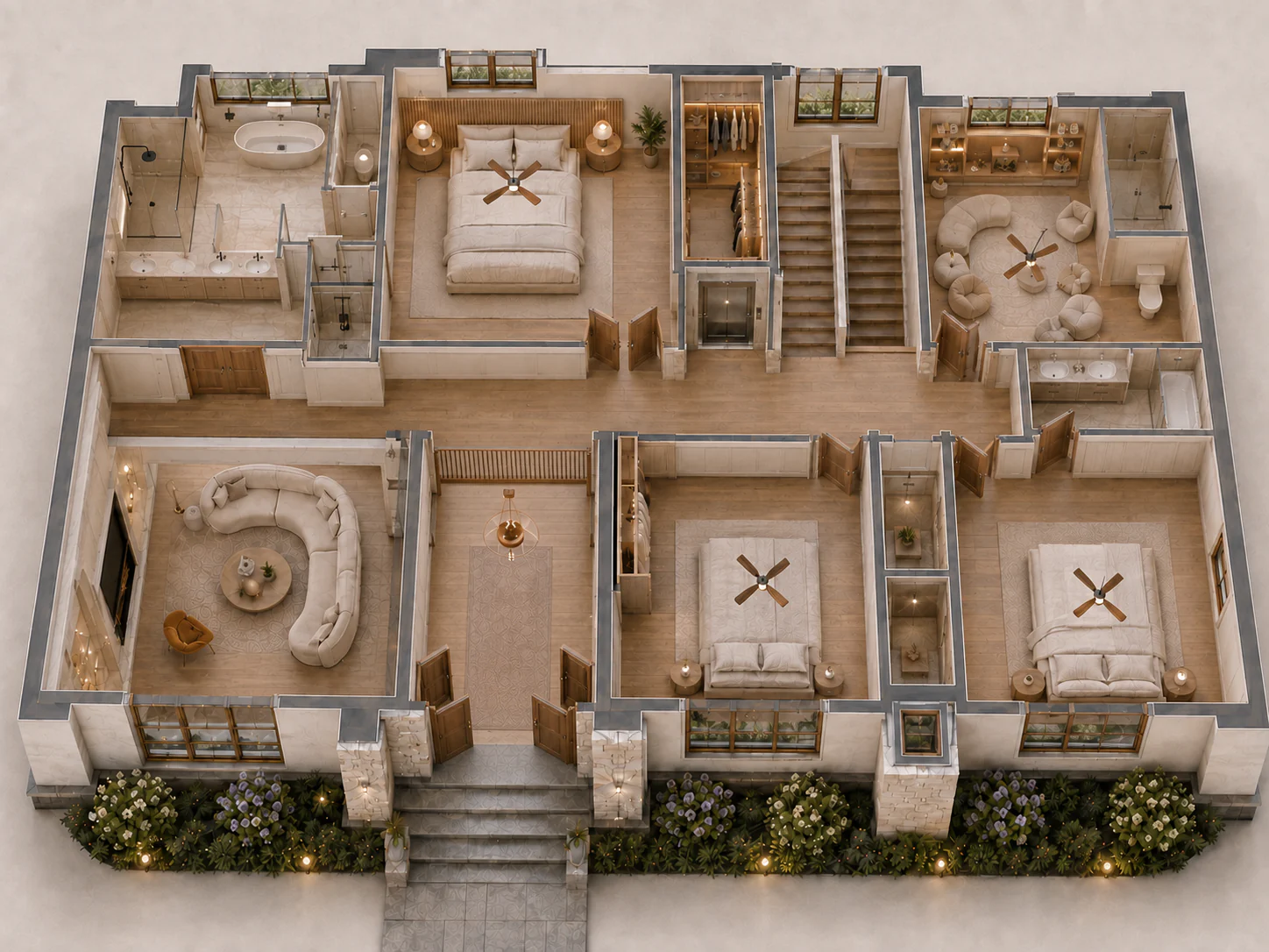 Three-dimensional dollhouse rendering of the second-floor plan